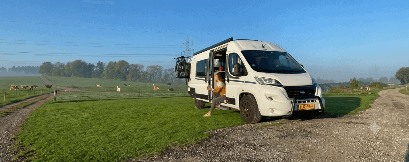 Buscamper klaar voor vertrek in de ochtend
